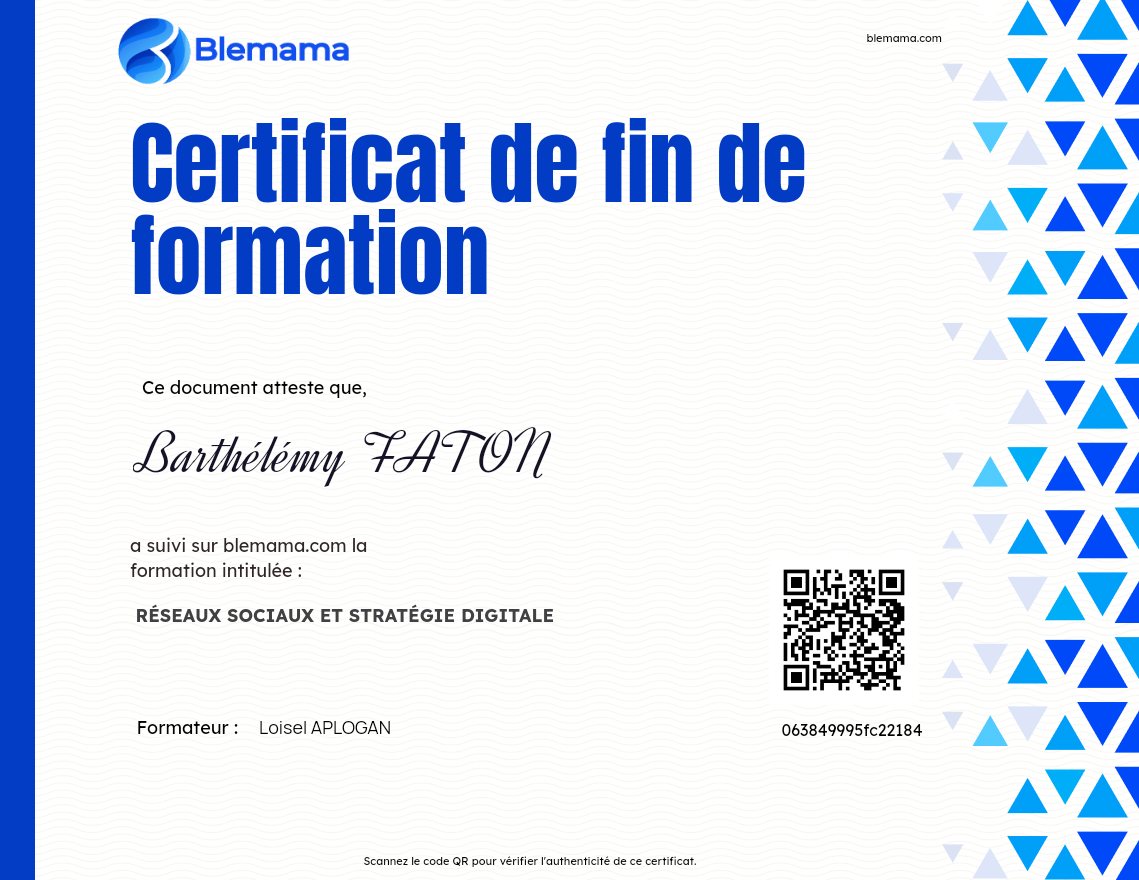Certificat de fin de formation Blemama : Réseaux sociaux et stratégie digitale