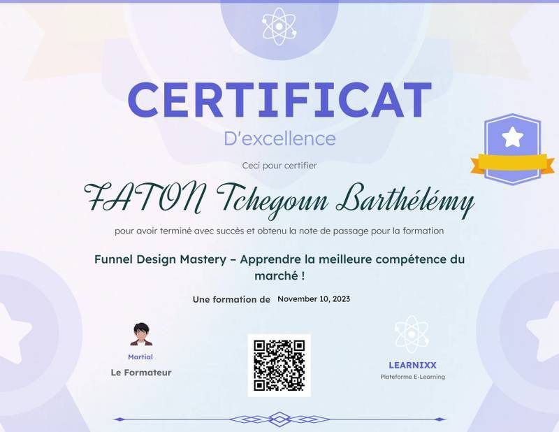 Certificat d'excellence Funnel Design Mastery, 10 novembre 2023