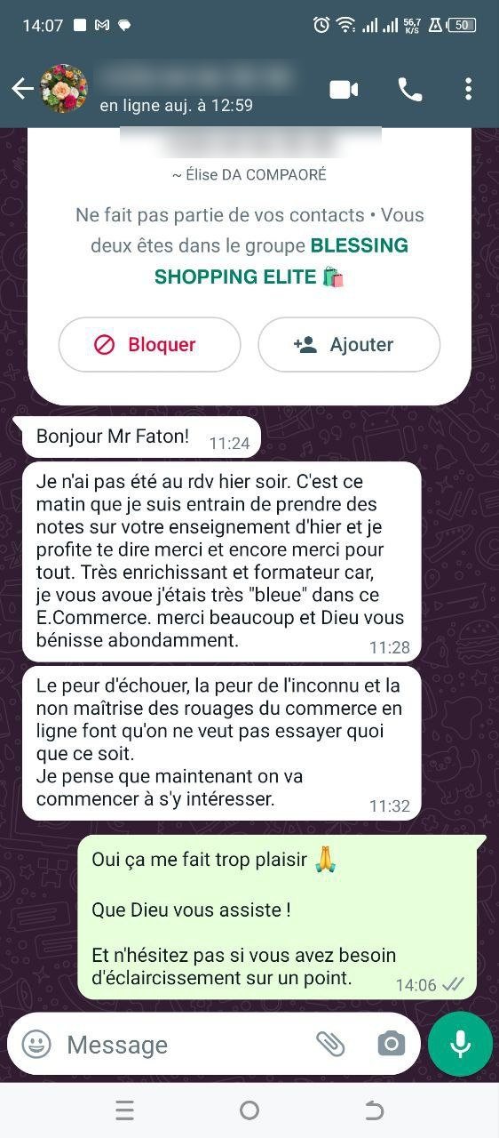 Message WhatsApp d'une participante, très bleue en e-commerce