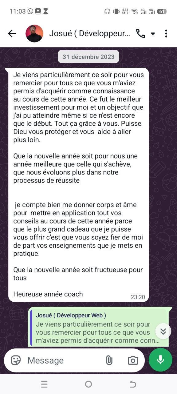 Message de Josué, développeur web, du 31 décembre 2023